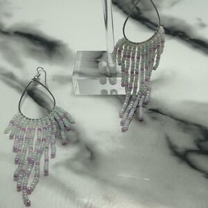 White & Pink Hoop Fringe Earrings